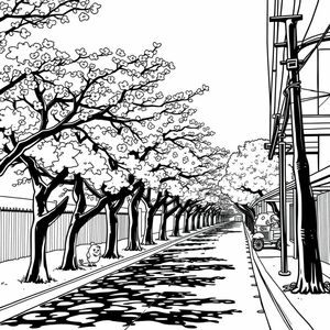  a street that is lined with trees on one side, cherry blossoms, cherry trees, bold lines/simplistic style, beautiful anime/managa style, fantasy 