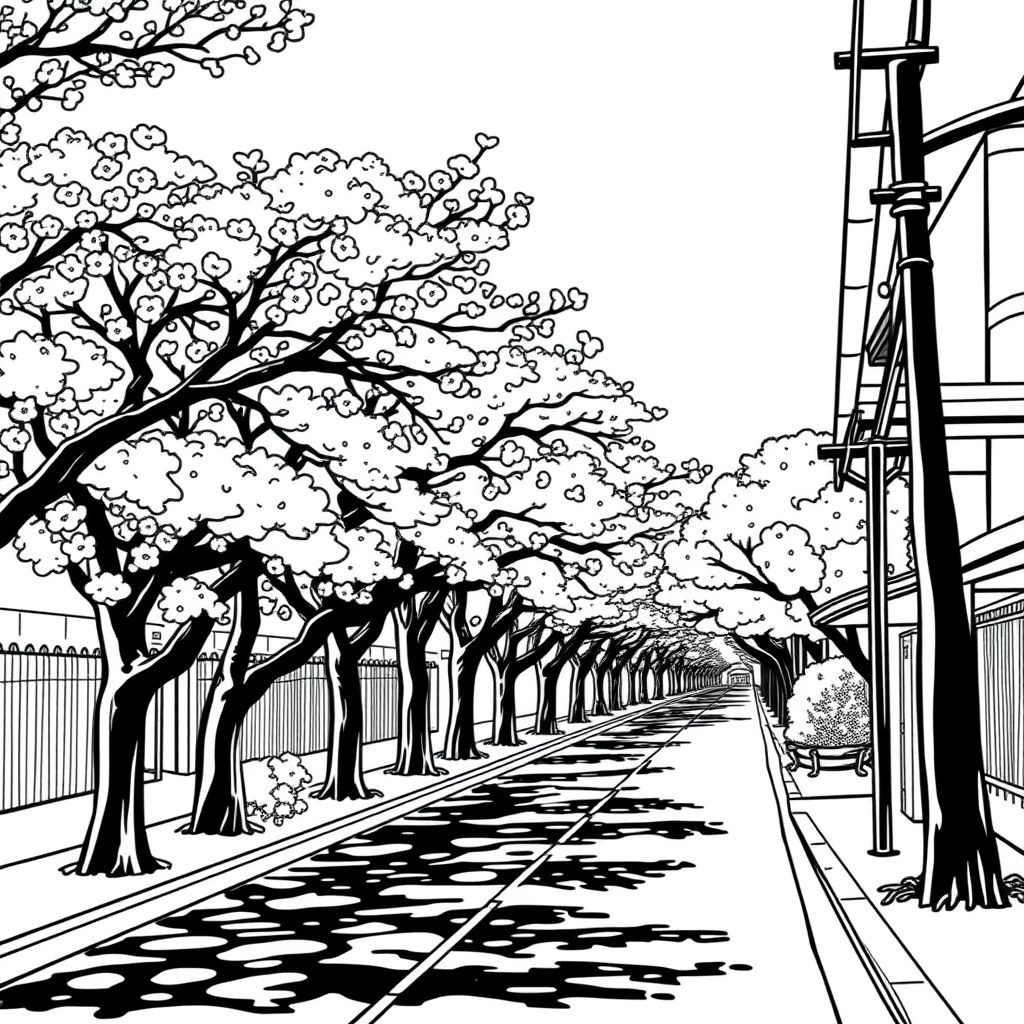  a street that is lined with trees on one side, cherry blossoms, cherry trees, bold lines/simplistic style, beautiful anime/managa style