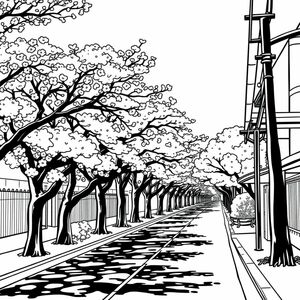  a street that is lined with trees on one side, cherry blossoms, cherry trees, bold lines/simplistic style, beautiful anime/managa style