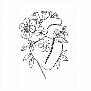  human heart with flowers, black and white