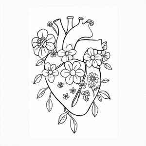  human heart with flowers in the arteries, black and white
