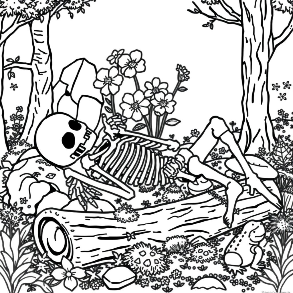  black and white, fantasy style, skeleton laying in a forest with flowers blooming on top of it. rocks nearby are covered in moss, mushrooms growing, an overturned log with moss and a frog 