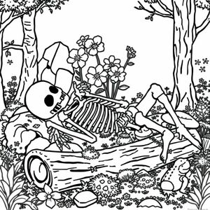  black and white, fantasy style, skeleton laying in a forest with flowers blooming on top of it. rocks nearby are covered in moss, mushrooms growing, an overturned log with moss and a frog 