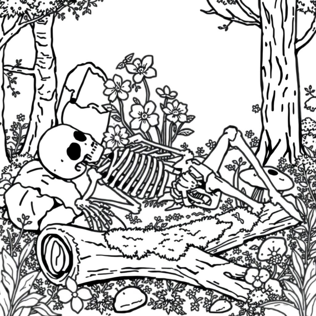  black and white, fantasy style, skeleton laying in a forest with flowers blooming on top of it. rocks nearby are covered in moss, mushrooms growing, an overturned log with moss