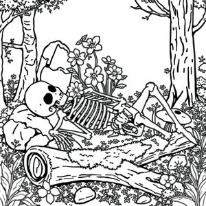  black and white, fantasy style, skeleton laying in a forest with flowers blooming on top of it. rocks nearby are covered in moss, mushrooms growing, an overturned log with moss