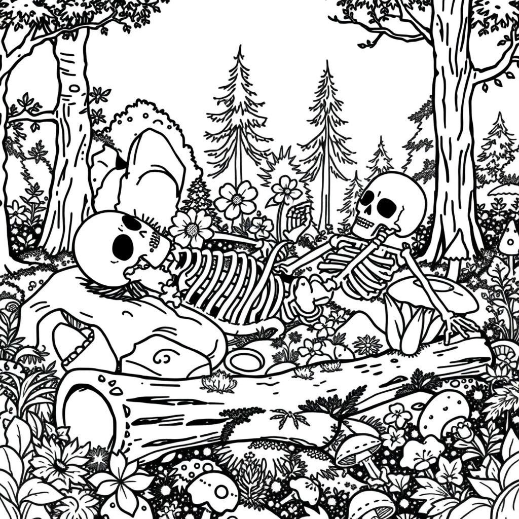 black and white, fantasy style, skeleton laying in a forest with flowers blooming on top of it. rocks nearby are covered in moss, mushrooms growing, an overturned log with moss, lots of trees and bushes