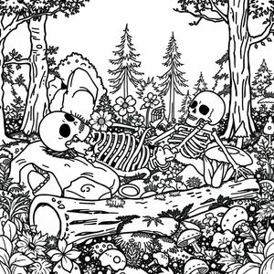  black and white, fantasy style, skeleton laying in a forest with flowers blooming on top of it. rocks nearby are covered in moss, mushrooms growing, an overturned log with moss, lots of trees and bushes