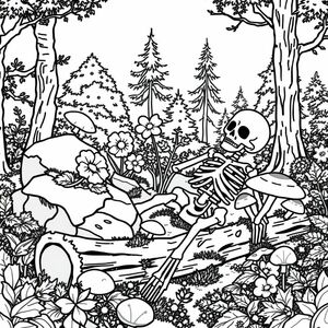  black and white, fantasy style, one skeleton laying in a forest with flowers blooming on top of it. rocks nearby are covered in moss, mushrooms growing, an overturned log with moss, lots of trees and bushes