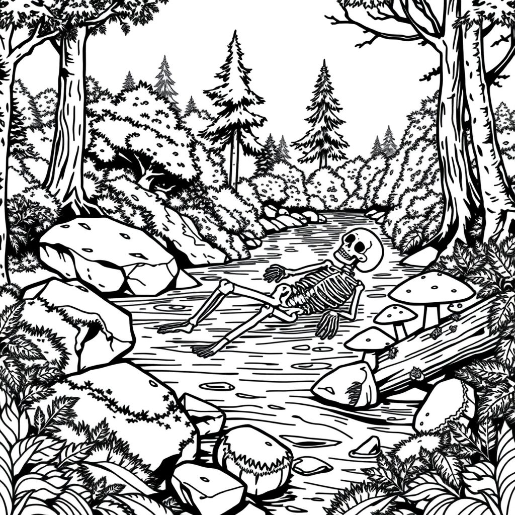  black and white, fantasy style, one skeleton laying in a river within a forest. rocks nearby are covered in moss, mushrooms growing, an overturned log with moss, lots of trees and bushes