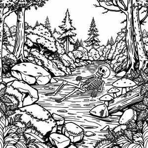  black and white, fantasy style, one skeleton laying in a river within a forest. rocks nearby are covered in moss, mushrooms growing, an overturned log with moss, lots of trees and bushes