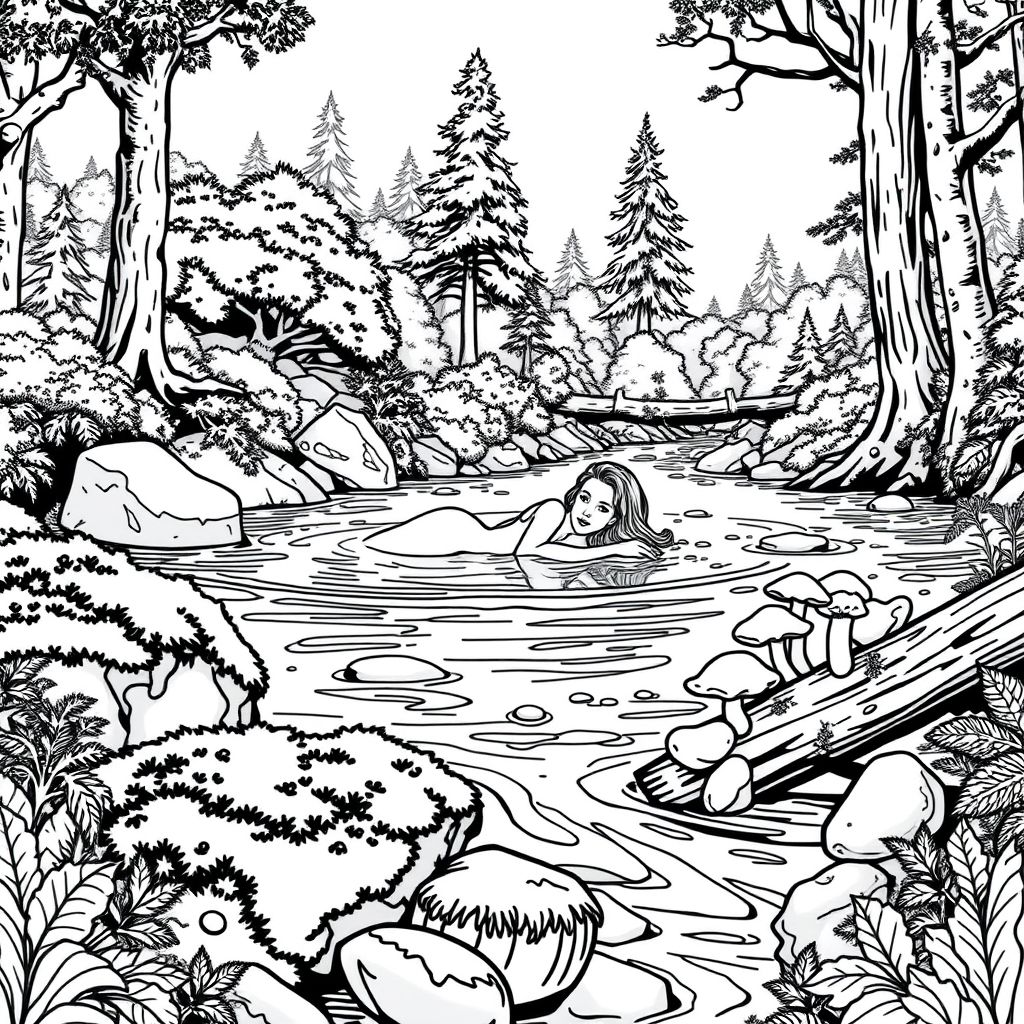  black and white, fantasy style, woman laying half submerge in a river within a forest. rocks nearby are covered in moss, mushrooms growing, an overturned log with moss, lots of trees and bushes