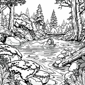  black and white, fantasy style, woman laying half submerge in a river within a forest. rocks nearby are covered in moss, mushrooms growing, an overturned log with moss, lots of trees and bushes