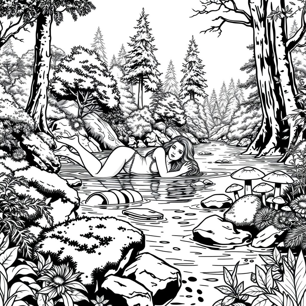  black and white, fantasy style, beautiful woman laying half submerge in a river within a forest. rocks nearby are covered in moss, mushrooms, lots of trees and bushes