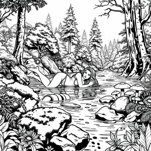  black and white, fantasy style, beautiful woman laying half submerge in a river within a forest. rocks nearby are covered in moss, mushrooms, lots of trees and bushes