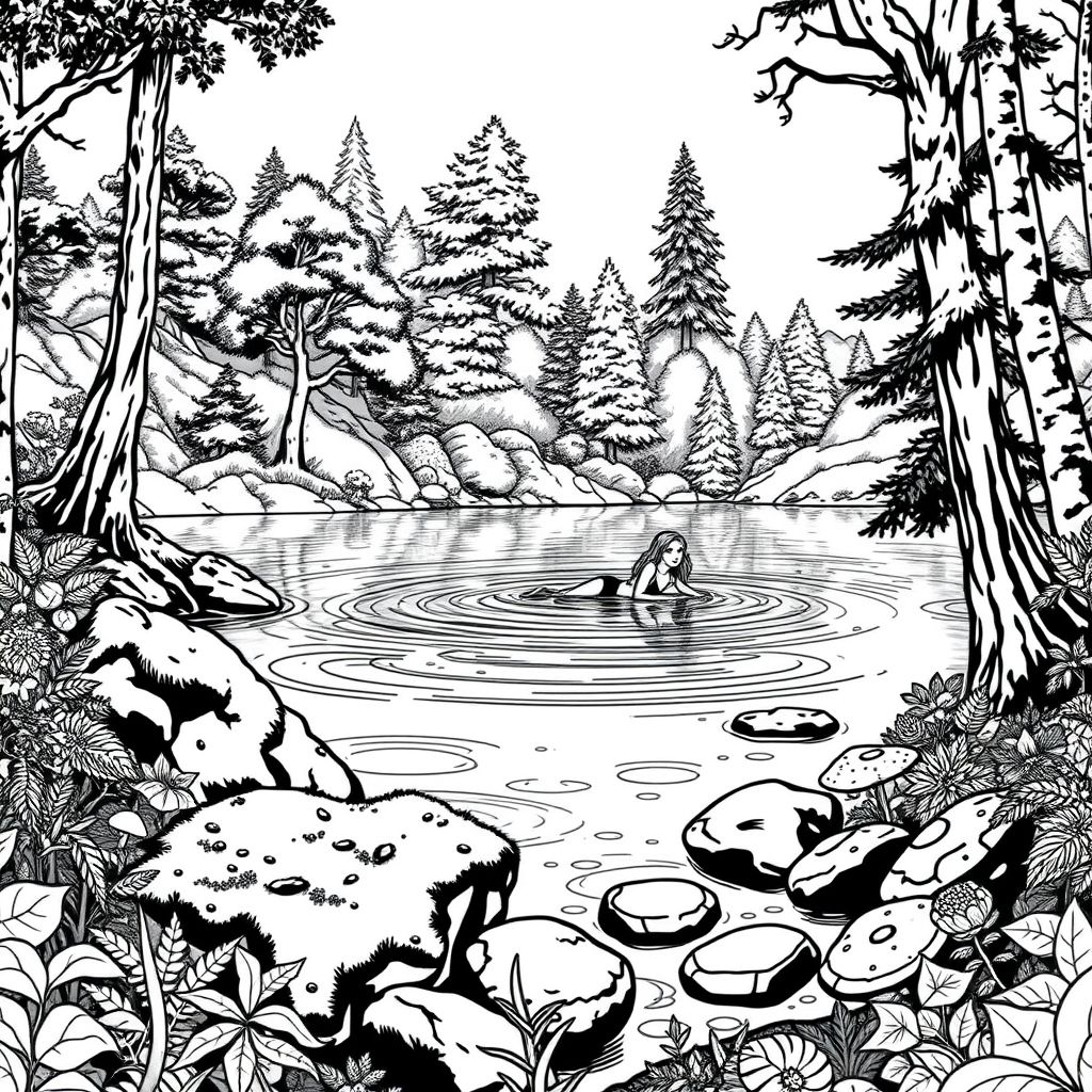  black and white, fantasy style, beautiful woman swimming in a lake within a forest. rocks nearby are covered in moss, mushrooms, lots of trees and bushes