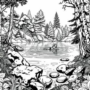  black and white, fantasy style, beautiful woman swimming in a lake within a forest. rocks nearby are covered in moss, mushrooms, lots of trees and bushes