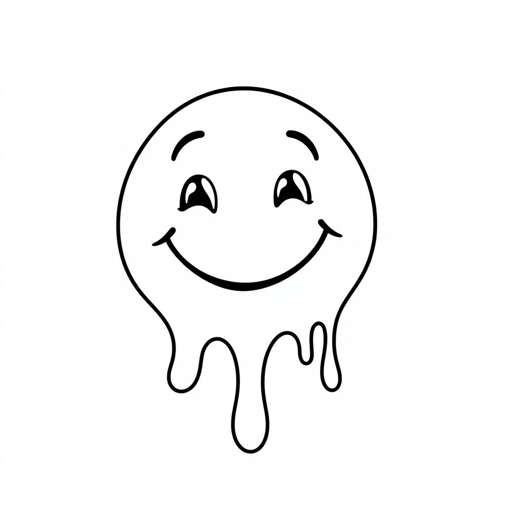 melting happy face, bold lines, black and white, cartoon style