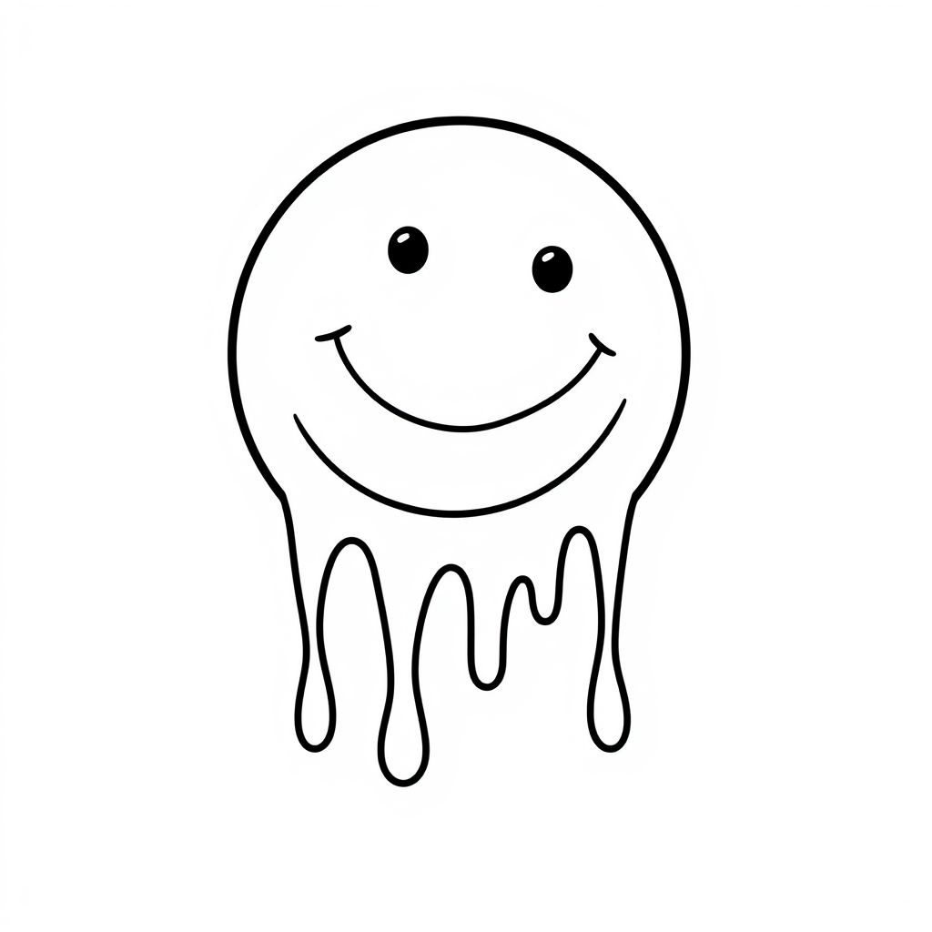 melting happy face, bold lines, black and white, cartoon style, simplistic happy face, two dots for eyes