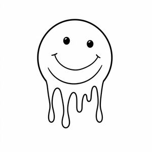 melting happy face, bold lines, black and white, cartoon style, simplistic happy face, two dots for eyes