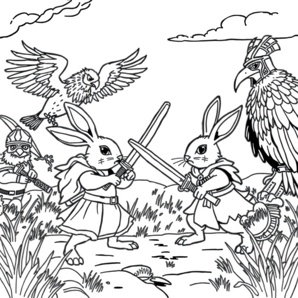 A landscape of rabbits with fantasy clothes and swords, fighting evil hawks with war helmets