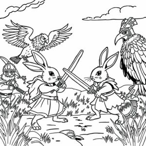 A landscape of rabbits with fantasy clothes and swords, fighting evil hawks with war helmets