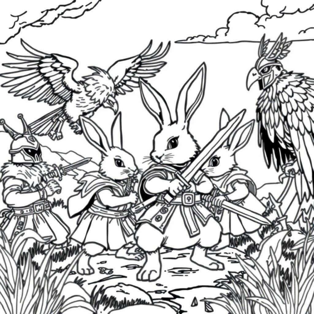 A landscape of rabbits with fantasy clothes and warrior swords, fighting with evil hawks with war helmets and sharp talons
