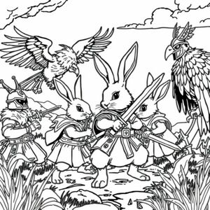 A landscape of rabbits with fantasy clothes and warrior swords, fighting with evil hawks with war helmets and sharp talons