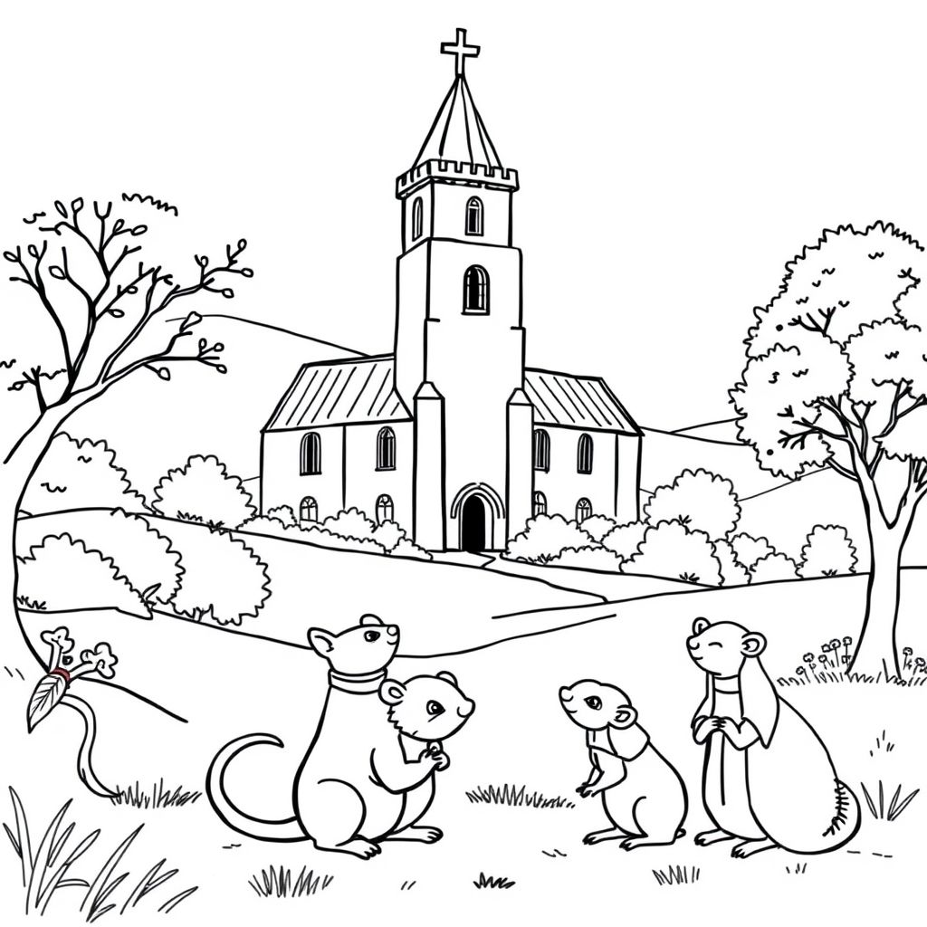 A landscape of an abbey with a bell tower, with life size mice, squirrels, moles, otters, and hedgehogs wearing monastic clothes