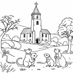 A landscape of an abbey with a bell tower, with life size mice, squirrels, moles, otters, and hedgehogs wearing monastic clothes