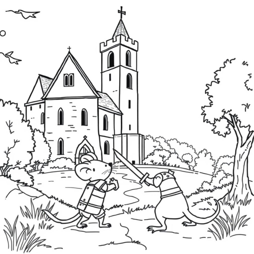 Landscape of an abbey with a bell tower, with a mouse wearing armour and carrying a sword outside, fighting a wildcat