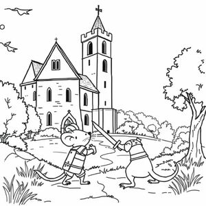 Landscape of an abbey with a bell tower, with a mouse wearing armour and carrying a sword outside, fighting a wildcat