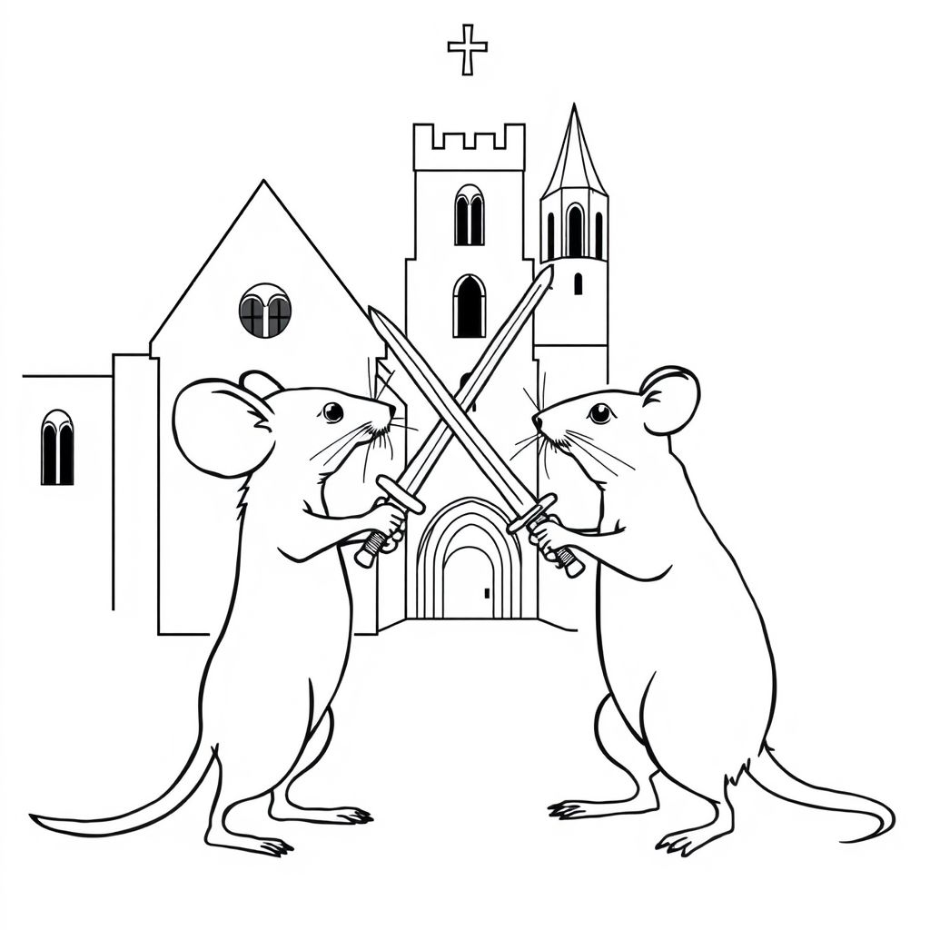 A profile view of a mouse fighting a rat with swords, in front of an abbey with a bell tower