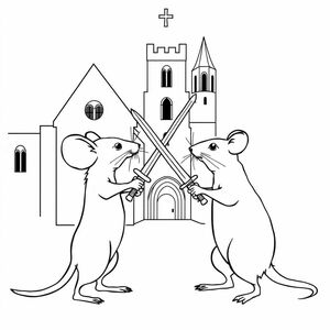 A profile view of a mouse fighting a rat with swords, in front of an abbey with a bell tower