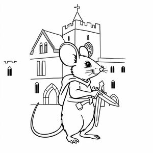 A profile view of a warrior mouse in front of an abbey, carrying a sword in his paw