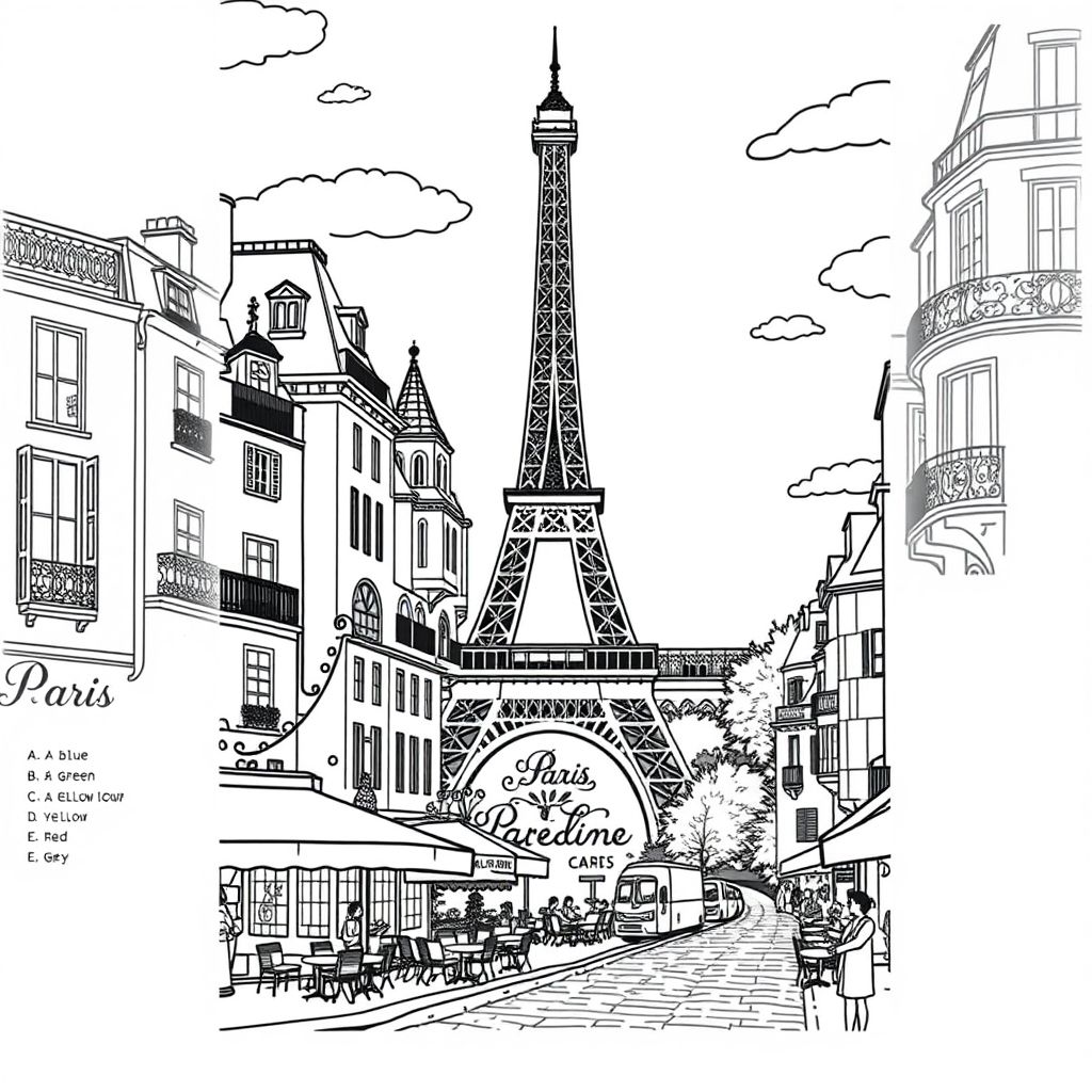 Create an art therapy coloring page of Paris, with famous landmarks like the Eiffel Tower, Notre-Dame, and street cafés, in a detailed hand-drawn style. Each section of the illustration should include a small letter (A, B, C...) to indicate the recommended color. For example: A = blue, B = green, C = yellow, D = red, E = grey. The overall design should be relaxing, highly detailed, and suitable for adult art therapy."