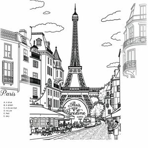 Create an art therapy coloring page of Paris, with famous landmarks like the Eiffel Tower, Notre-Dame, and street cafés, in a detailed hand-drawn style. Each section of the illustration should include a small letter (A, B, C...) to indicate the recommended color. For example: A = blue, B = green, C = yellow, D = red, E = grey. The overall design should be relaxing, highly detailed, and suitable for adult art therapy."
