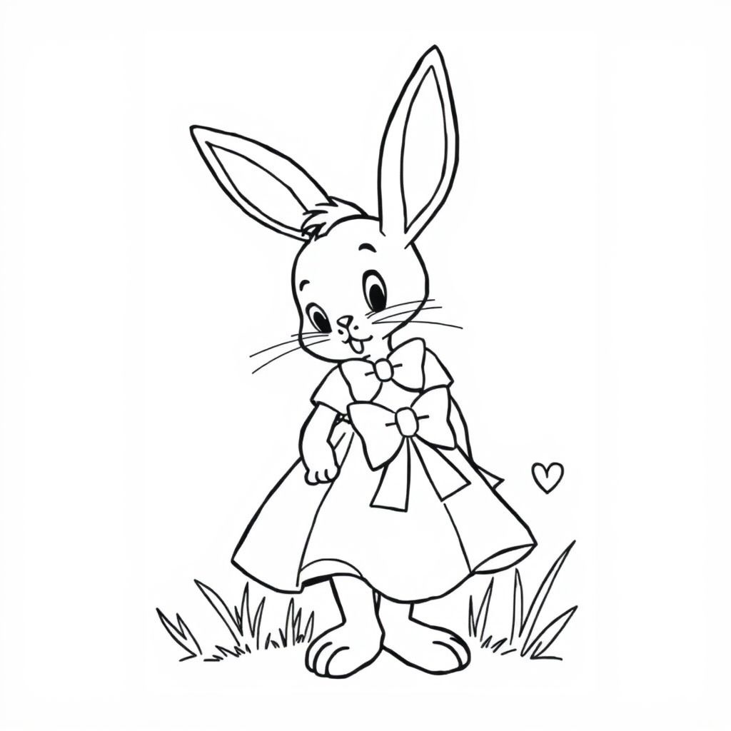 story book, 1950s style, bunny girl with a white dress and bow