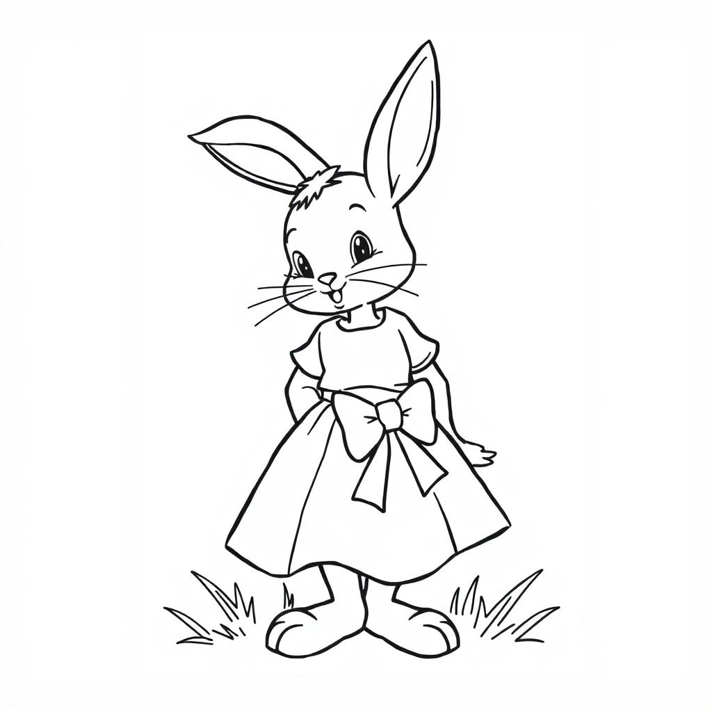 story book, 1950s style, bunny girl with a white dress and bow around her waist