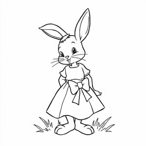 story book, 1950s style, bunny girl with a white dress and bow around her waist