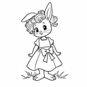 story book, 1950s style: bunny girl with a white dress and bow around her waist, curly hair on the top 