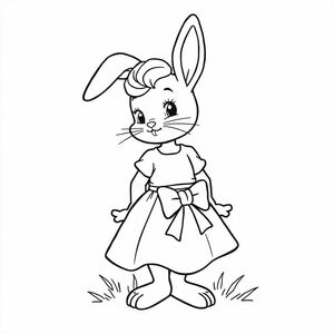 story book, 1950s style: bunny girl with a white dress and bow around her waist, a curl on her forehead 