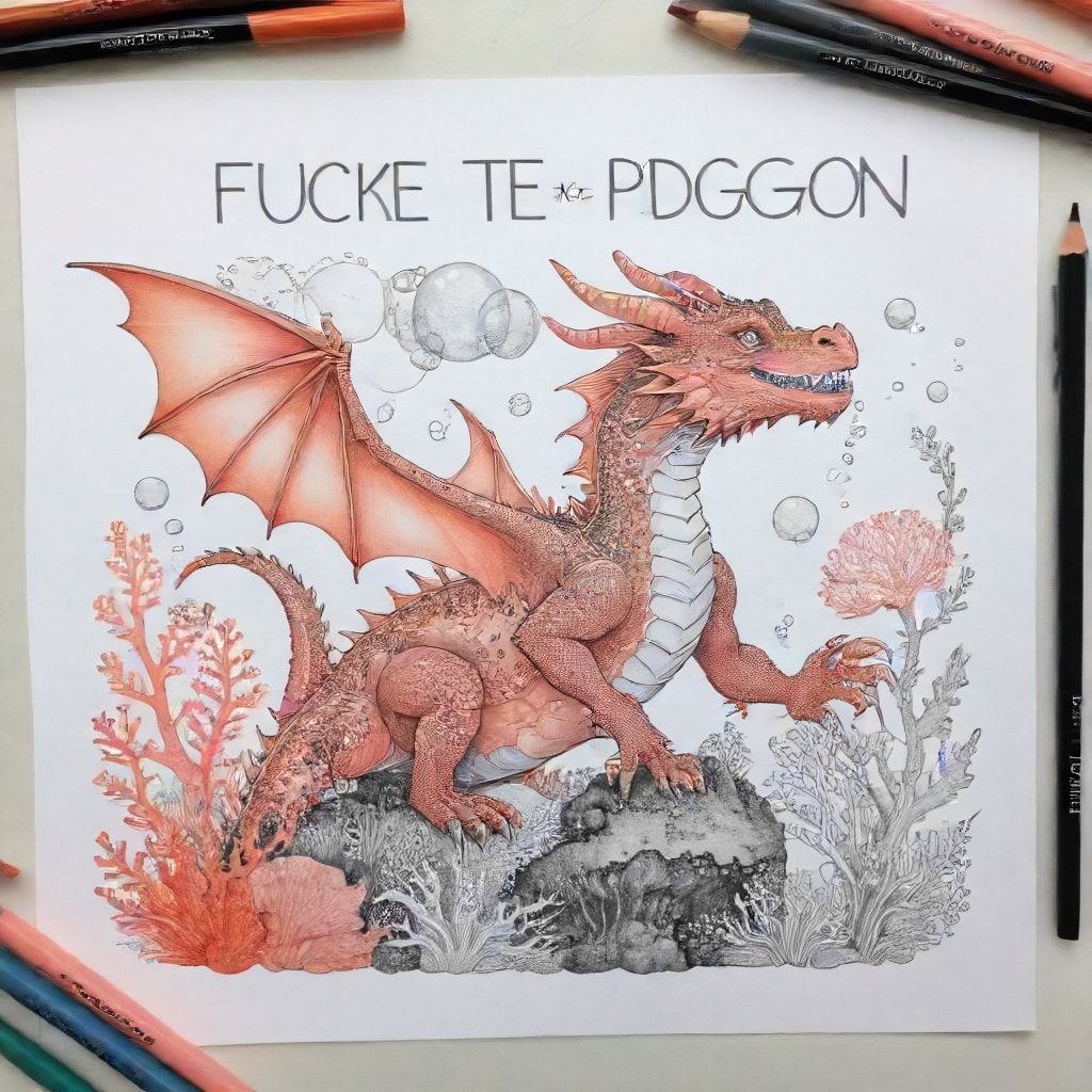 A profile view of a friendly dragon, holding a sign with "Fuck me" written in white bubble letters, in profile, in a underwater coral reef kingdom, surrealist style