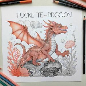 A profile view of a friendly dragon, holding a sign with "Fuck me" written in white bubble letters, in profile, in a underwater coral reef kingdom, surrealist style