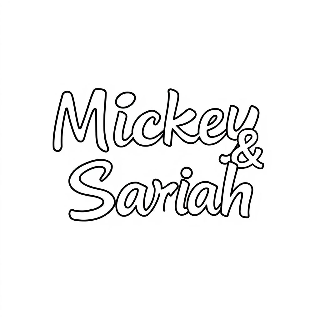 Word art in broken cursive writing saying " Mickey & Sarah "