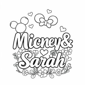Word art in fancy text saying "Mickey &  Sarah" with hearts and flowers
