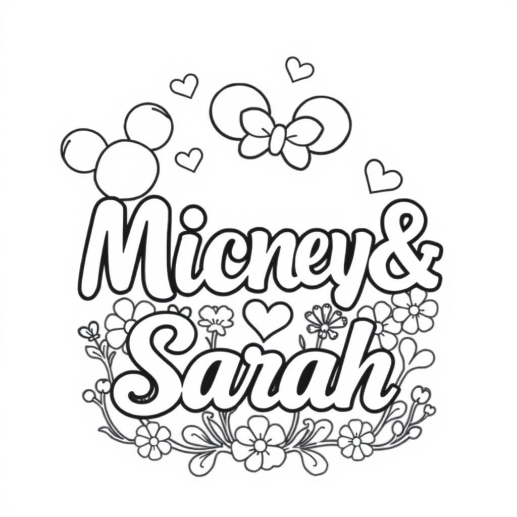 Word art in fancy text saying "Mickey &  Sarah" with hearts and flowers