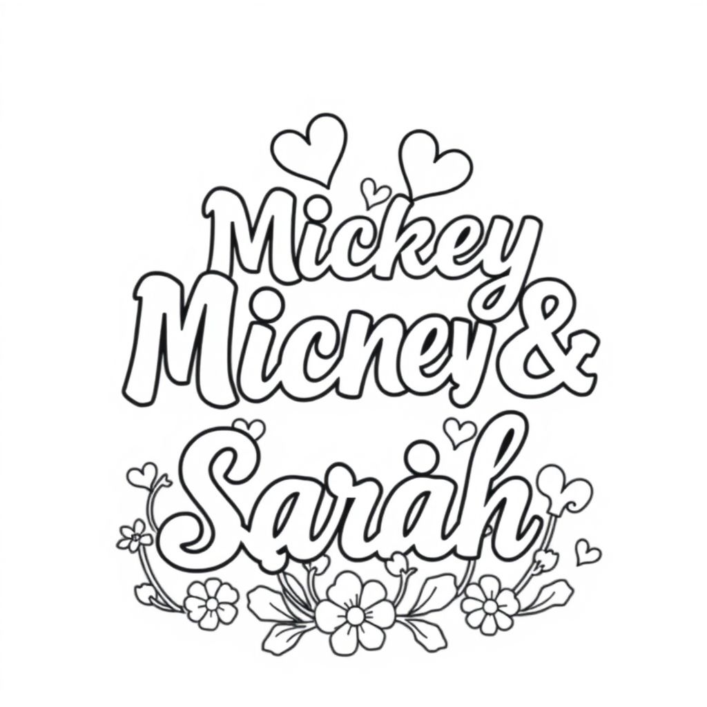 Word are in fancy writing saying "Mickey & Sarah" with hearts and flowers 