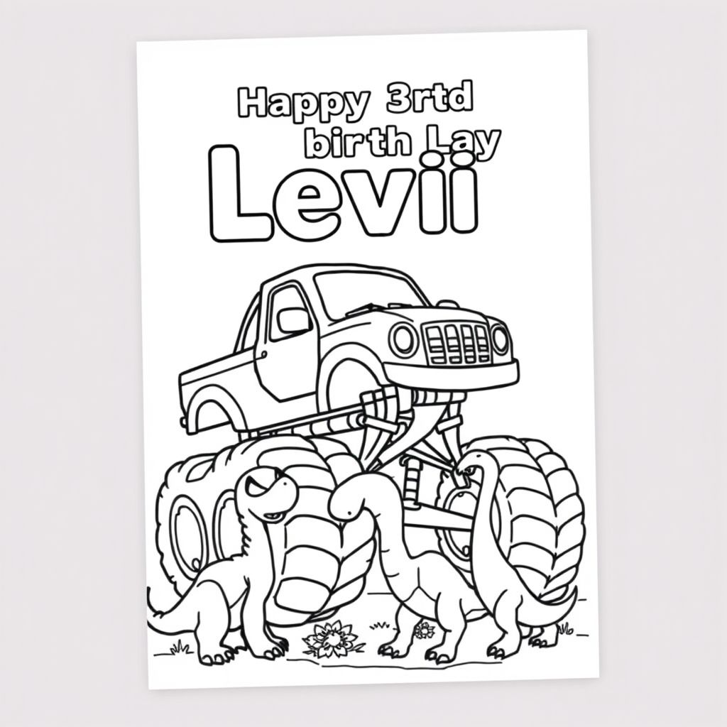 Can the page say - Happy 3rd birthday Levi - with a picture of a monster truck, dinosaurs and spiderman. Make the image easy to colour in for a 3 year old with simple lines. 