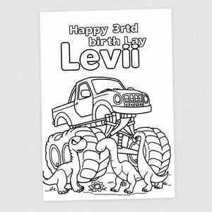 Can the page say - Happy 3rd birthday Levi - with a picture of a monster truck, dinosaurs and spiderman. Make the image easy to colour in for a 3 year old with simple lines. 