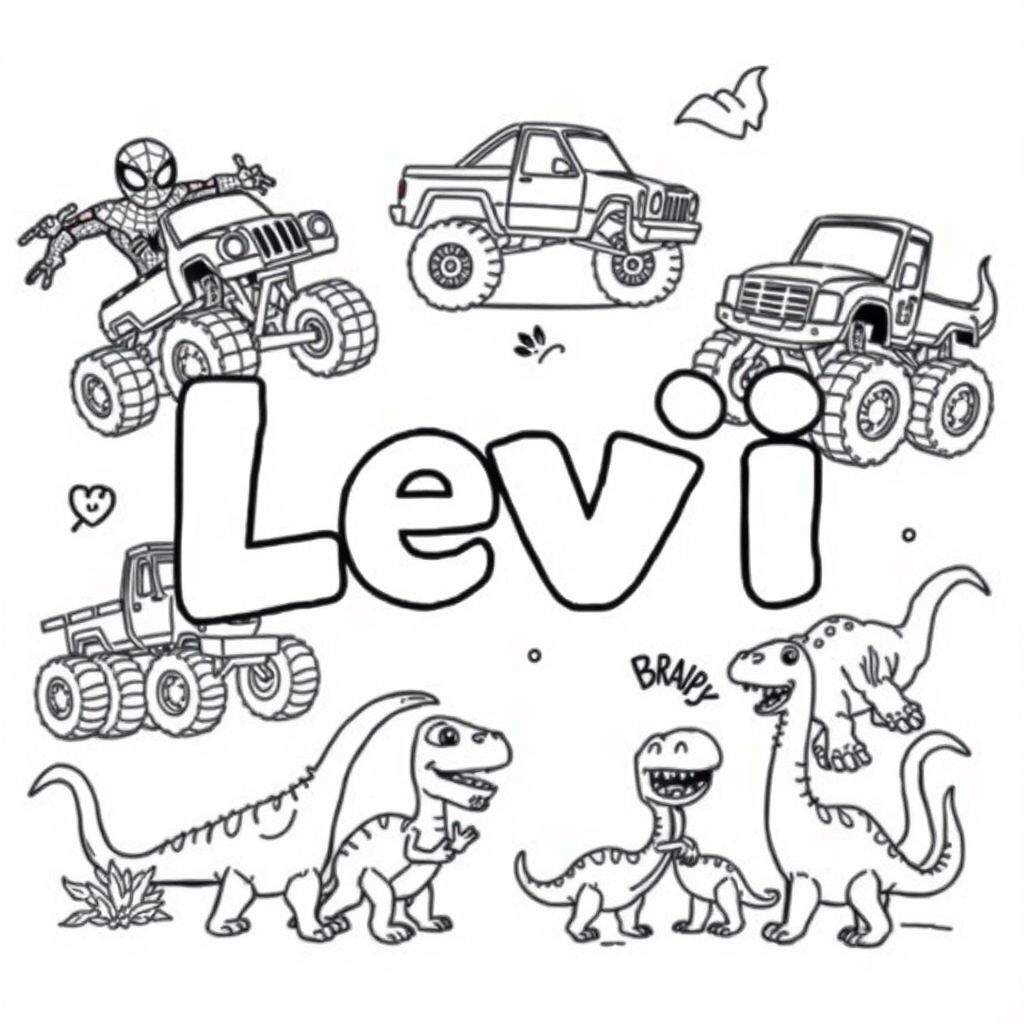 Can you say Levi on the page please?  Also add Spiderman, the Hulk, monster trucks, Bluey and dinosaurs please? 
